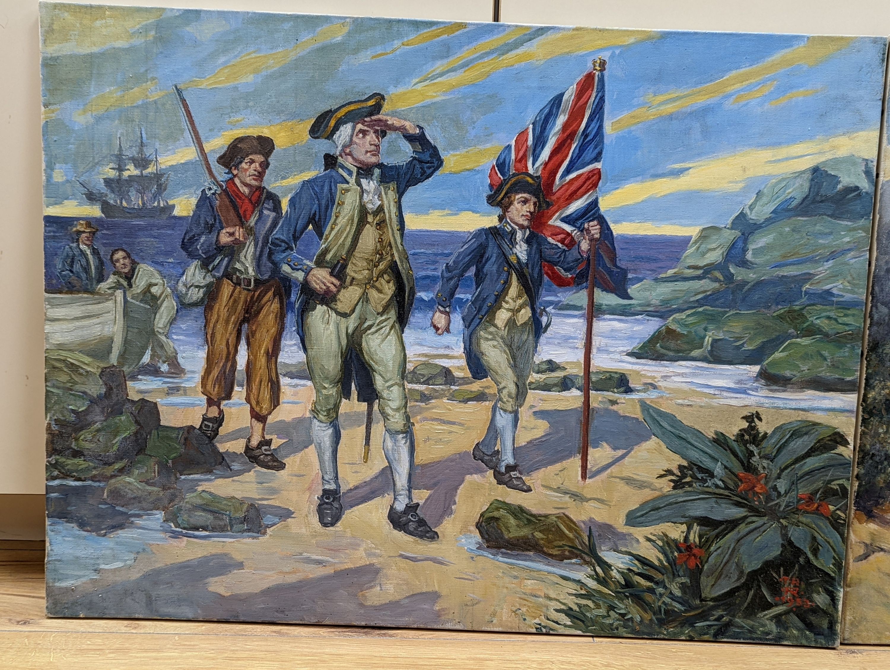 T.H.R. (1953) - pair of oils on canvas, The Death of General Wolf landing in the New World Canada, initialled and dated, 53 x 71cm, unframed